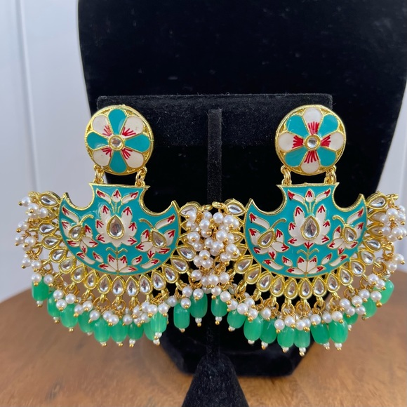 Mint Green Meenakari Chandbali Earrings | Floral Enamel Dangle - Picture 8 of 10